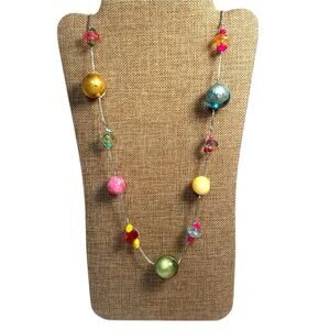 Vintage 90s Lucite Glass Beaded Necklace Gum-ball Dichroic Bright Station Beads